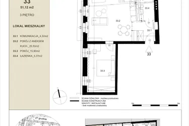 Rzut - Mieszkanie na sprzedaż 2 pokoje o powierzchni 51,12 m² - numer 3.3 w Gwarna8