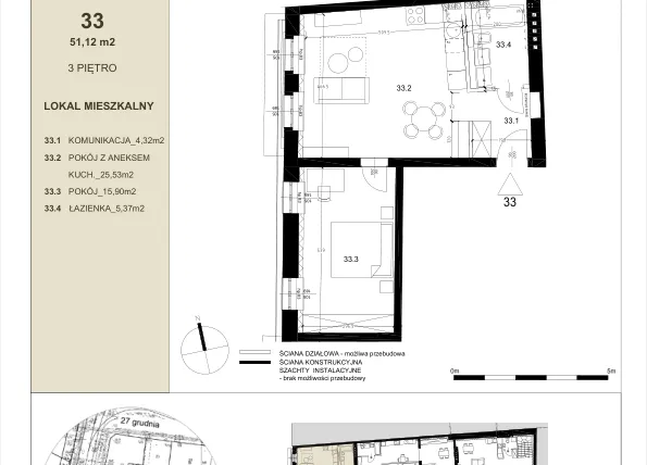 Rzut - Mieszkanie na sprzedaż 2 pokoje o powierzchni 51,12 m² - numer 3.3 w Gwarna8