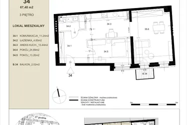 Rzut - Mieszkanie na sprzedaż 2 pokoje o powierzchni 67,48 m² - numer 3.4 w Gwarna8