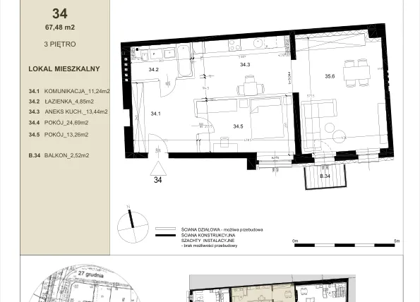 Rzut - Mieszkanie na sprzedaż 2 pokoje o powierzchni 67,48 m² - numer 3.4 w Gwarna8