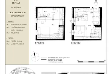 Rzut - Mieszkanie na sprzedaż 2 pokoje o powierzchni 49,71 m² - numer 3.6 w Gwarna8