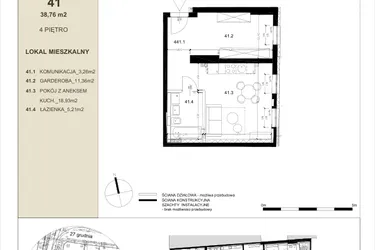 Rzut - Mieszkanie na sprzedaż 2 pokoje o powierzchni 38,76 m² - numer 4.1 w Gwarna8