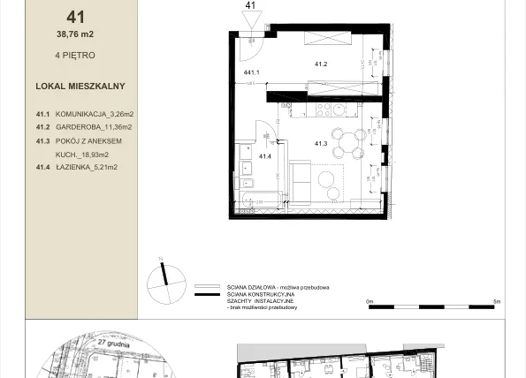 Rzut - Mieszkanie na sprzedaż 2 pokoje o powierzchni 38,76 m² - numer 4.1 w Gwarna8