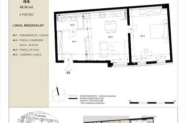 Rzut - Mieszkanie na sprzedaż 2 pokoje o powierzchni 68,3 m² - numer 4.4 w Gwarna8