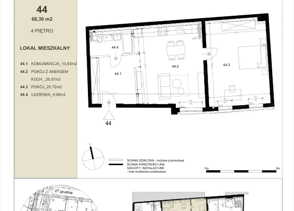 Rzut - Mieszkanie na sprzedaż 2 pokoje o powierzchni 68,3 m² - numer 4.4 w Gwarna8