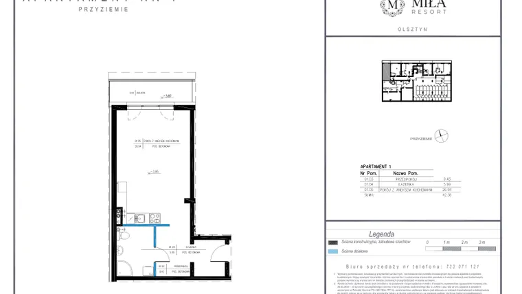 Rzut - Mieszkanie na sprzedaż 1 pokój o powierzchni 42,36 m² - numer 1 w Miła Resort