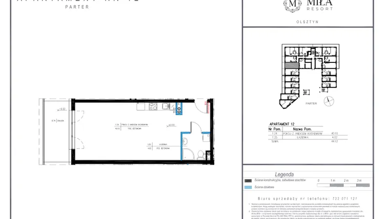 Rzut - Mieszkanie na sprzedaż 1 pokój o powierzchni 44,12 m² - numer 12 w Miła Resort