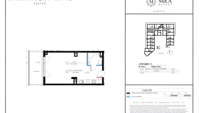 Rzut - Mieszkanie na sprzedaż 1 pokój o powierzchni 36,94 m² - numer 13 w Miła Resort