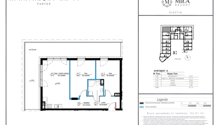 Rzut - Mieszkanie na sprzedaż 3 pokoje o powierzchni 62,7 m² - numer 14 w Miła Resort