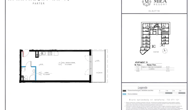 Rzut - Mieszkanie na sprzedaż 1 pokój o powierzchni 44,35 m² - numer 19 w Miła Resort