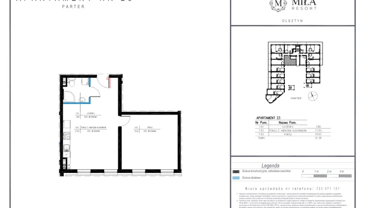 Rzut - Mieszkanie na sprzedaż 2 pokoje o powierzchni 51,38 m² - numer 23 w Miła Resort