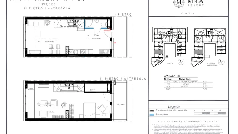 Rzut - Mieszkanie na sprzedaż 2 pokoje o powierzchni 73,72 m² - numer 28 w Miła Resort