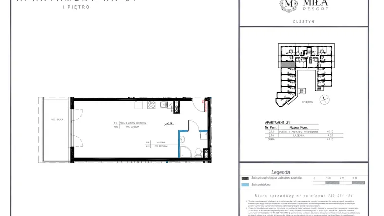 Rzut - Mieszkanie na sprzedaż 1 pokój o powierzchni 44,13 m² - numer 31 w Miła Resort