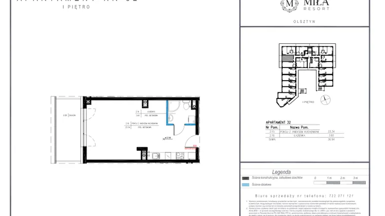 Rzut - Mieszkanie na sprzedaż 1 pokój o powierzchni 36,94 m² - numer 32 w Miła Resort