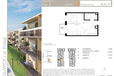 Rzut - Mieszkanie na sprzedaż 2 pokoje o powierzchni 44,2 m² - numer A.12 w Poezji