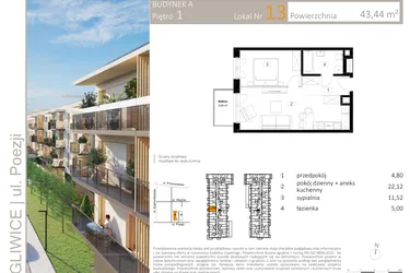 Rzut - Mieszkanie na sprzedaż 2 pokoje o powierzchni 43,6 m² - numer A.13 w Poezji