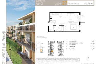 Rzut - Mieszkanie na sprzedaż 2 pokoje o powierzchni 50,89 m² - numer A.27 w Poezji