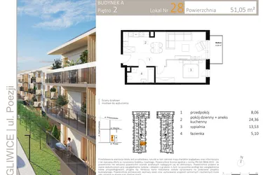 Rzut - Mieszkanie na sprzedaż 2 pokoje o powierzchni 50,99 m² - numer A.28 w Poezji