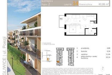 Rzut - Mieszkanie na sprzedaż 2 pokoje o powierzchni 40,92 m² - numer A.34 w Poezji