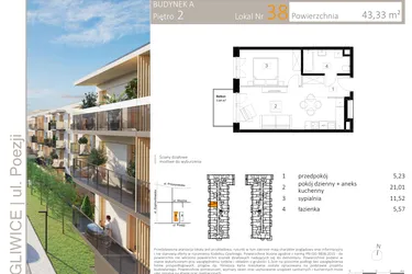 Rzut - Mieszkanie na sprzedaż 2 pokoje o powierzchni 43,27 m² - numer A.38 w Poezji