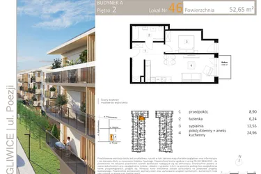 Rzut - Mieszkanie na sprzedaż 2 pokoje o powierzchni 52,56 m² - numer A.46 w Poezji