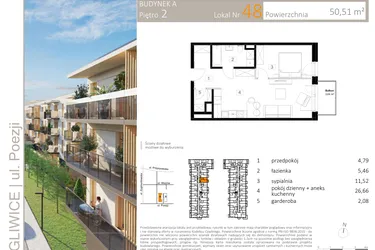 Rzut - Mieszkanie na sprzedaż 2 pokoje o powierzchni 50,57 m² - numer A.48 w Poezji
