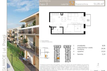 Rzut - Mieszkanie na sprzedaż 2 pokoje o powierzchni 51,33 m² - numer A.52 w Poezji