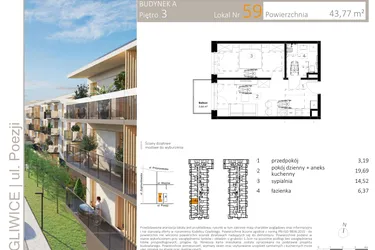 Rzut - Mieszkanie na sprzedaż 2 pokoje o powierzchni 43,87 m² - numer A.59 w Poezji