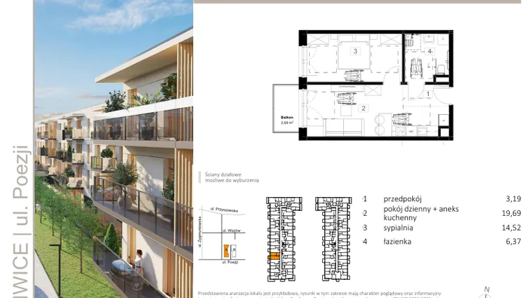 Rzut - Mieszkanie na sprzedaż 2 pokoje o powierzchni 43,87 m² - numer A.59 w Poezji