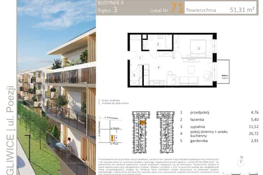 Rzut - Mieszkanie na sprzedaż 2 pokoje o powierzchni 51,51 m² - numer A.71 w Poezji