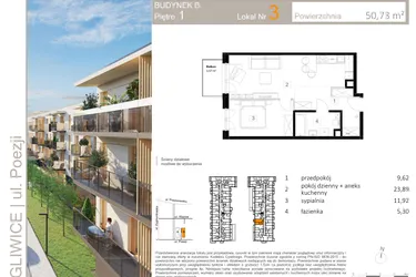 Rzut - Mieszkanie na sprzedaż 2 pokoje o powierzchni 50,61 m² - numer B.3 w Poezji