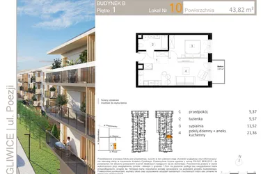 Rzut - Mieszkanie na sprzedaż 2 pokoje o powierzchni 43,86 m² - numer B.10 w Poezji