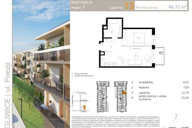 Rzut - Mieszkanie na sprzedaż 2 pokoje o powierzchni 46,81 m² - numer B.13 w Poezji