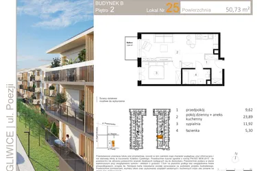 Rzut - Mieszkanie na sprzedaż 2 pokoje o powierzchni 50,74 m² - numer B.25 w Poezji