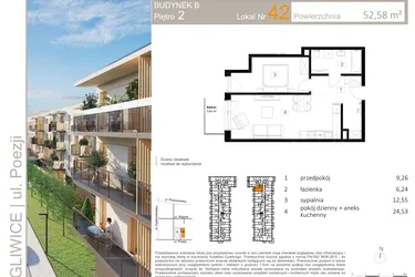 Rzut - Mieszkanie na sprzedaż 2 pokoje o powierzchni 52,77 m² - numer B.42 w Poezji