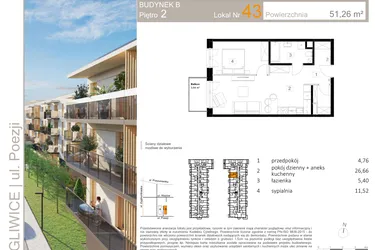 Rzut - Mieszkanie na sprzedaż 2 pokoje o powierzchni 51,39 m² - numer B.43 w Poezji