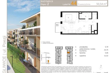 Rzut - Mieszkanie na sprzedaż 2 pokoje o powierzchni 50,64 m² - numer B.44 w Poezji