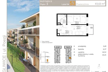 Rzut - Mieszkanie na sprzedaż 2 pokoje o powierzchni 43,56 m² - numer B.53 w Poezji