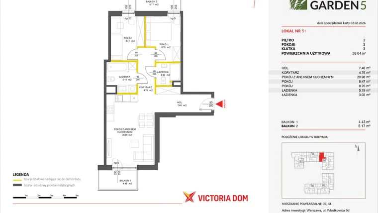 Rzut - Mieszkanie na sprzedaż 3 pokoje o powierzchni 59,15 m² - numer 51 w Nova Viva Garden 5