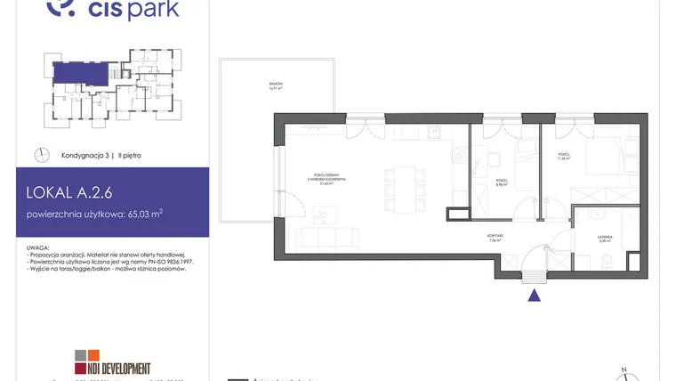 Rzut - Mieszkanie na sprzedaż 3 pokoje o powierzchni 65,03 m² - numer A.2.6 w CIS Park