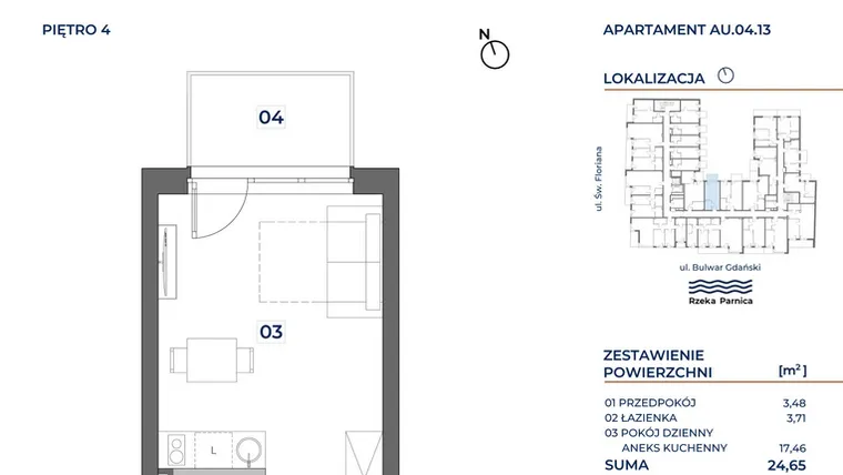 Rzut - Mieszkanie na sprzedaż 1 pokój o powierzchni 24,65 m² - numer AU.04.13 w Grand Bulwar