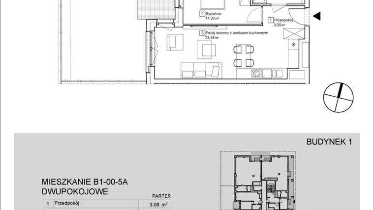 Rzut - Mieszkanie na sprzedaż 2 pokoje o powierzchni 42,34 m² - numer B1-00-5A w Nowa Francuska