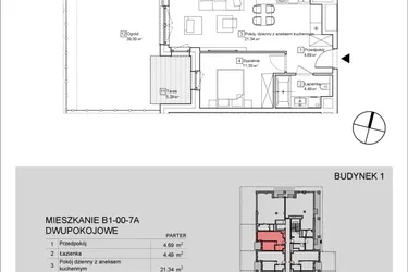 Rzut - Mieszkanie na sprzedaż 2 pokoje o powierzchni 41,89 m² - numer B1-00-7A w Nowa Francuska