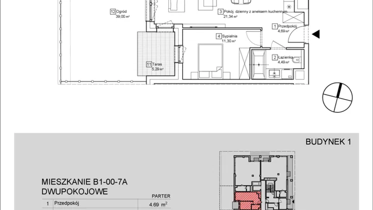 Rzut - Mieszkanie na sprzedaż 2 pokoje o powierzchni 41,89 m² - numer B1-00-7A w Nowa Francuska