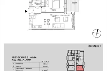Rzut - Mieszkanie na sprzedaż 2 pokoje o powierzchni 43,09 m² - numer B1-01-9A w Nowa Francuska