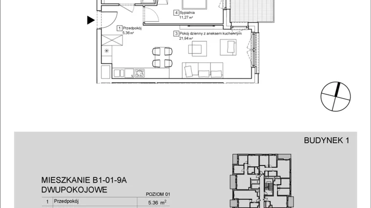Rzut - Mieszkanie na sprzedaż 2 pokoje o powierzchni 43,09 m² - numer B1-01-9A w Nowa Francuska