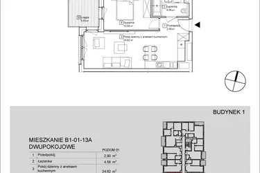 Rzut - Mieszkanie na sprzedaż 2 pokoje o powierzchni 42,92 m² - numer B1-01-13A w Nowa Francuska