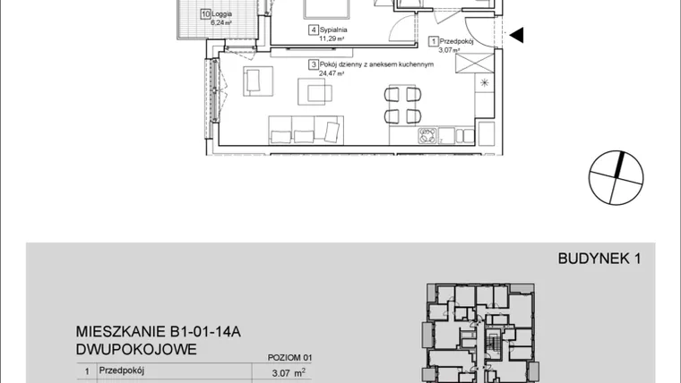 Rzut - Mieszkanie na sprzedaż 2 pokoje o powierzchni 43,27 m² - numer B1-01-14A w Nowa Francuska