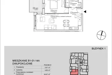 Rzut - Mieszkanie na sprzedaż 2 pokoje o powierzchni 43,27 m² - numer B1-01-14A w Nowa Francuska