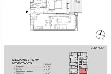 Rzut - Mieszkanie na sprzedaż 2 pokoje o powierzchni 43,08 m² - numer B1-02-19A w Nowa Francuska
